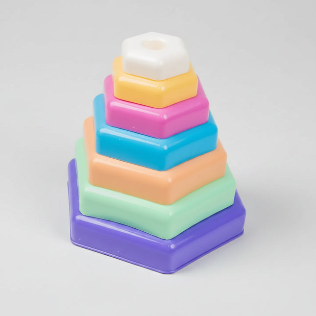 A timeless Montessori classic with a modern ELFIKI touch.
This bright stacking pyramid helps little ones explore colors, sizes, balance, and coordination in a fun and gentle way.