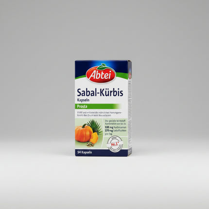Abtei Sabal Pumpkin Prosta Capsules are a plant-based dietary supplement formulated to help support prostate function, urinary comfort, and hormonal balance in men.
The formula combines pumpkin seed extract, saw palmetto extract, and zinc, nutrients traditionally used to help maintain normal urinary flow and bladder wellness, especially with age.