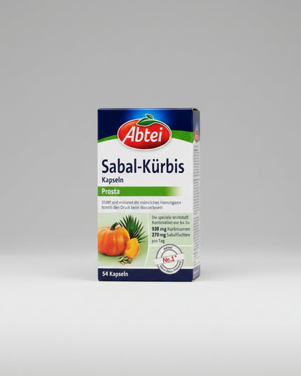 Abtei Sabal Pumpkin Prosta Capsules are a plant-based dietary supplement formulated to help support prostate function, urinary comfort, and hormonal balance in men.
The formula combines pumpkin seed extract, saw palmetto extract, and zinc, nutrients traditionally used to help maintain normal urinary flow and bladder wellness, especially with age.