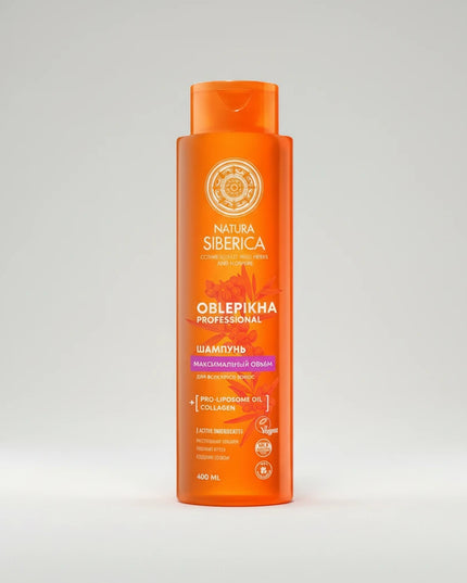 Achieve fuller, healthier-looking hair with Natura Siberica Oblepikha Maximum Volume Shampoo. Enriched with organic sea buckthorn oil, vegetable collagen, and botanical extracts to cleanse, strengthen, and add natural volume.