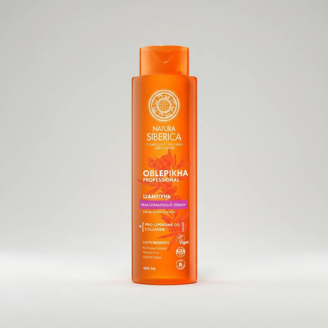 Achieve fuller, healthier-looking hair with Natura Siberica Oblepikha Maximum Volume Shampoo. Enriched with organic sea buckthorn oil, vegetable collagen, and botanical extracts to cleanse, strengthen, and add natural volume.