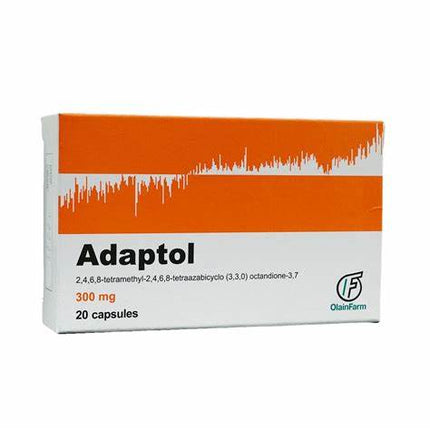 Adaptol 300 mg capsule box with orange and white design on a white background