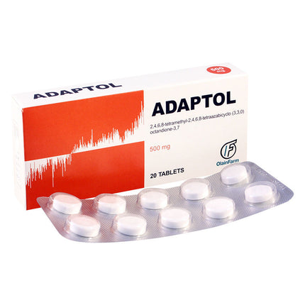 Adaptol packaging with white tablets on a white background
