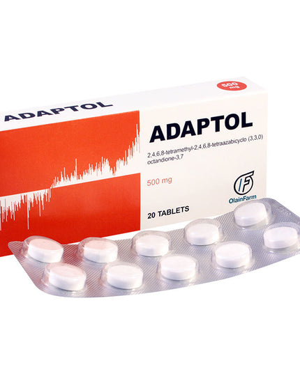 Adaptol packaging with white tablets on a white background