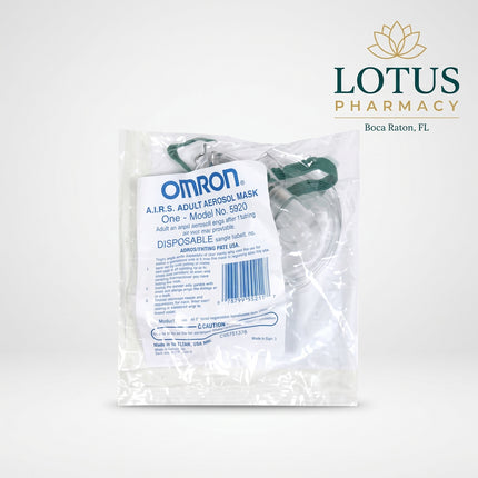 Omron A.I.R.S. Adult Aerosol Mask is a reusable respiratory accessory designed for use with compatible nebulizer systems to help deliver aerosolized medication through the nose and mouth. The mask connects to the nebulizer medication cup or inhalation top and is intended for adult patients who prefer or require mask-based aerosol therapy rather than a mouthpiece. The FDA AccessGUDID database identifies this product as Omron A.I.R.S. Adult Aerosol Mask, model/catalog number 9920, manufactured by Omron Health