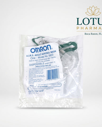 Omron A.I.R.S. Adult Aerosol Mask is a reusable respiratory accessory designed for use with compatible nebulizer systems to help deliver aerosolized medication through the nose and mouth. The mask connects to the nebulizer medication cup or inhalation top and is intended for adult patients who prefer or require mask-based aerosol therapy rather than a mouthpiece. The FDA AccessGUDID database identifies this product as Omron A.I.R.S. Adult Aerosol Mask, model/catalog number 9920, manufactured by Omron Health