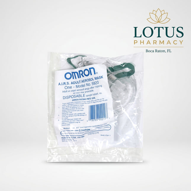 Omron A.I.R.S. Adult Aerosol Mask is a reusable respiratory accessory designed for use with compatible nebulizer systems to help deliver aerosolized medication through the nose and mouth. The mask connects to the nebulizer medication cup or inhalation top and is intended for adult patients who prefer or require mask-based aerosol therapy rather than a mouthpiece. The FDA AccessGUDID database identifies this product as Omron A.I.R.S. Adult Aerosol Mask, model/catalog number 9920, manufactured by Omron Health