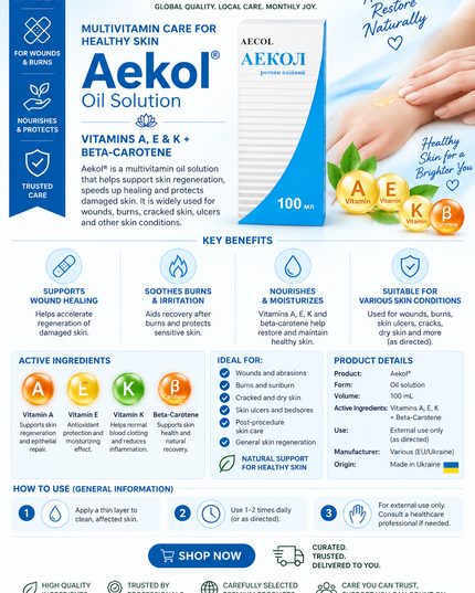 Aekol® Oil Solution – 100 mL | Vitamins A, E & K + Beta-Carotene | Oral, Topical, Vaginal & Rectal Use