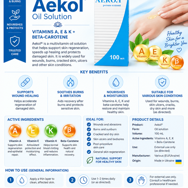 Aekol® Oil Solution – 100 mL | Vitamins A, E & K + Beta-Carotene | Oral, Topical, Vaginal & Rectal Use