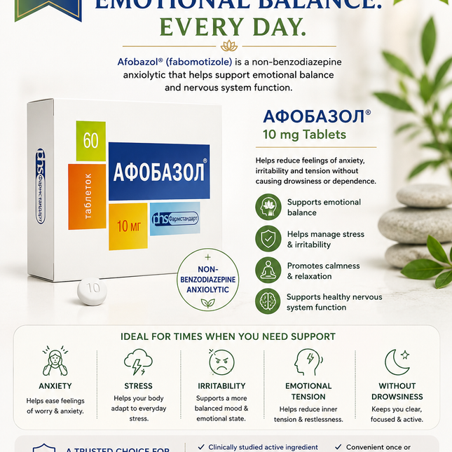 Anxiety, Stress & Emotional Balance |Afobazol® 10 mg – 60 Tablets
