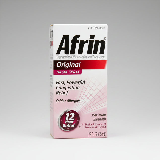 A box of Afrin Original Nasal Spray, 1/2 fl oz (15 mL), shown against a plain white background. The packaging is white with black text, a red banner, and a pink lower section.