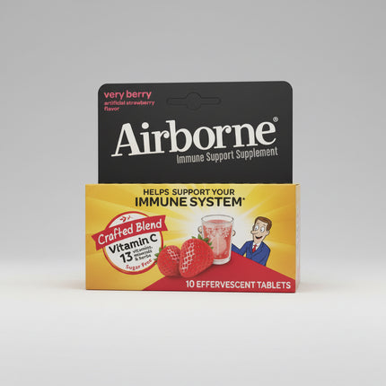 Airborne Zesty Effervescent Tablets are a convenient immune support supplement that dissolves in water to create a refreshing fizzy drink. Each tablet delivers&nbsp;1,000 mg of Vitamin C along with a blend of vitamins, minerals, amino acids, and herbal extracts including Zinc, Selenium, Echinacea, and Ginger. Available in Zesty Orange and Very Berry flavors, these effervescent tablets are designed to support everyday immune health and overall wellness.