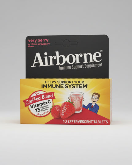 Airborne Zesty Effervescent Tablets are a convenient immune support supplement that dissolves in water to create a refreshing fizzy drink. Each tablet delivers&nbsp;1,000 mg of Vitamin C along with a blend of vitamins, minerals, amino acids, and herbal extracts including Zinc, Selenium, Echinacea, and Ginger. Available in Zesty Orange and Very Berry flavors, these effervescent tablets are designed to support everyday immune health and overall wellness.