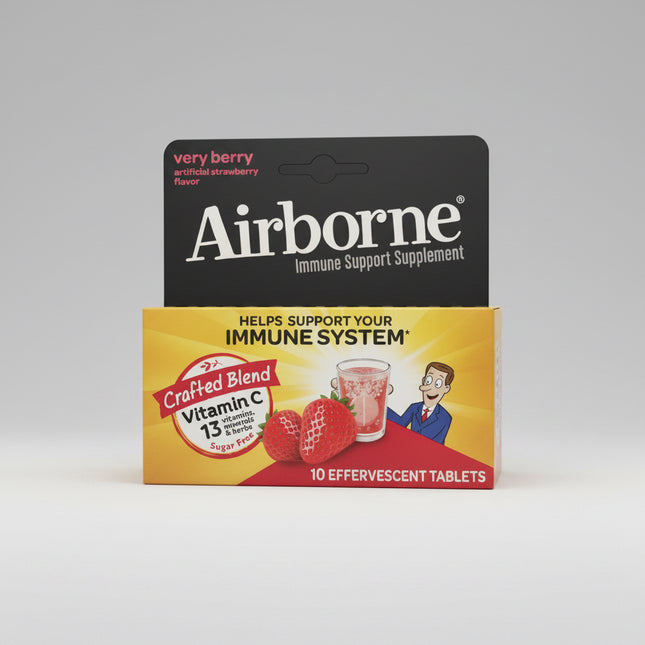 Airborne Zesty Effervescent Tablets are a convenient immune support supplement that dissolves in water to create a refreshing fizzy drink. Each tablet delivers&nbsp;1,000 mg of Vitamin C along with a blend of vitamins, minerals, amino acids, and herbal extracts including Zinc, Selenium, Echinacea, and Ginger. Available in Zesty Orange and Very Berry flavors, these effervescent tablets are designed to support everyday immune health and overall wellness.