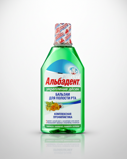 Albadent Gum Strengthening Oral Balm (Альбадент Укрепление десен) is a herbal mouth rinse formulated for daily care of the gums, oral mucosa, and tooth enamel.