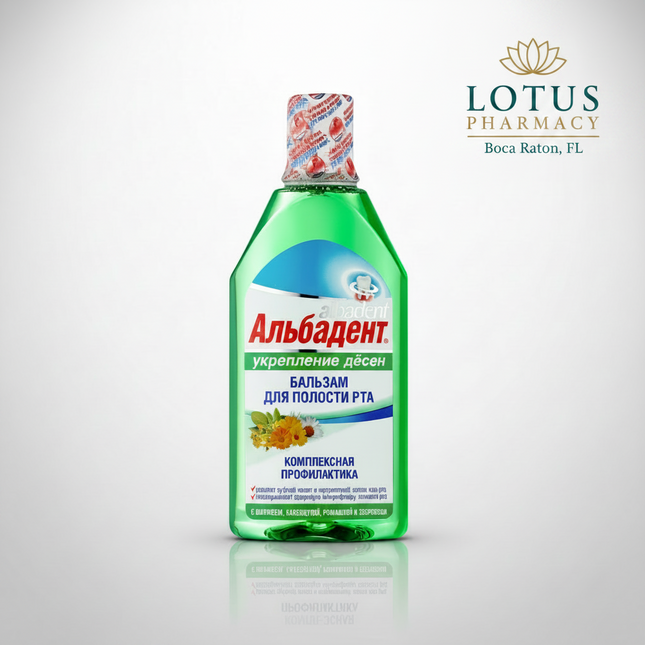 Albadent Gum Strengthening Oral Balm (Альбадент Укрепление десен) is a herbal mouth rinse formulated for daily care of the gums, oral mucosa, and tooth enamel.