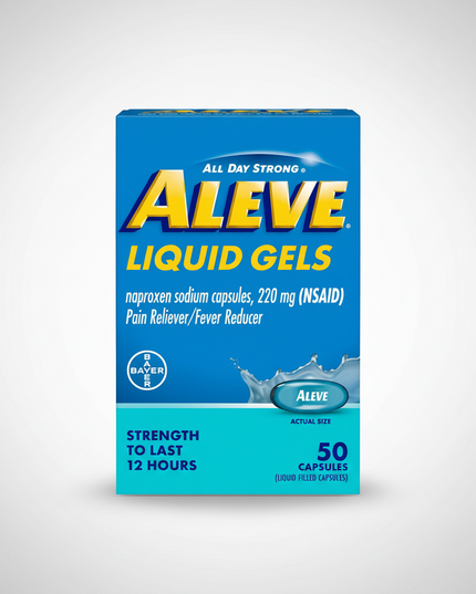 Aleve® Liquid Gels contain&nbsp;naproxen sodium 220 mg in a fast-dissolving liquid-filled capsule designed to provide rapid absorption and long-lasting pain relief. Each liquid gel offers up to 12 hours of relief from minor aches and pains and helps reduce fever. The liquid-filled formulation may be preferred by individuals who want a soft gel capsule rather than a traditional tablet or caplet.