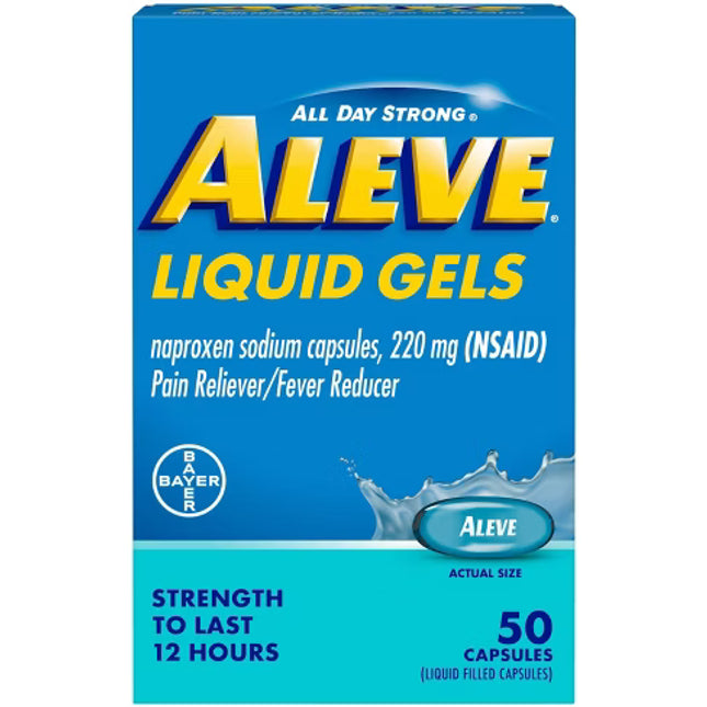 Aleve Liquid Gels, Bayer Aleve, Naproxen Sodium 220 mg, Liquid Filled Capsules, Pain Reliever, Fever Reducer, NSAID, Arthritis Pain Relief, Back Pain Relief, Muscle Pain Relief, Headache Relief, Toothache Relief, Menstrual Cramp Relief, Joint Pain Relief, Long Lasting Pain Relief, 12 Hour Pain Relief, Liquid Gels, First Aid, Family Wellness, Алев, Напроксен Натрия, Жидкие Капсулы, Обезболивающее, НПВС, Артрит, Боль В Спине, Боль В Мышцах, Головная Боль, Жаропонижающее, Aleve, Naproxeno Sódico, Cápsulas Líqu