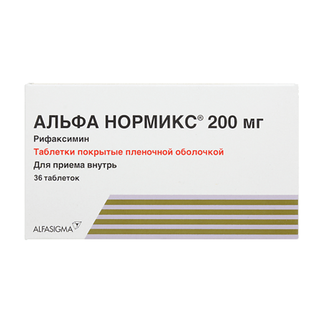 Box of Alfa Normikс 200 mg tablets on a green background