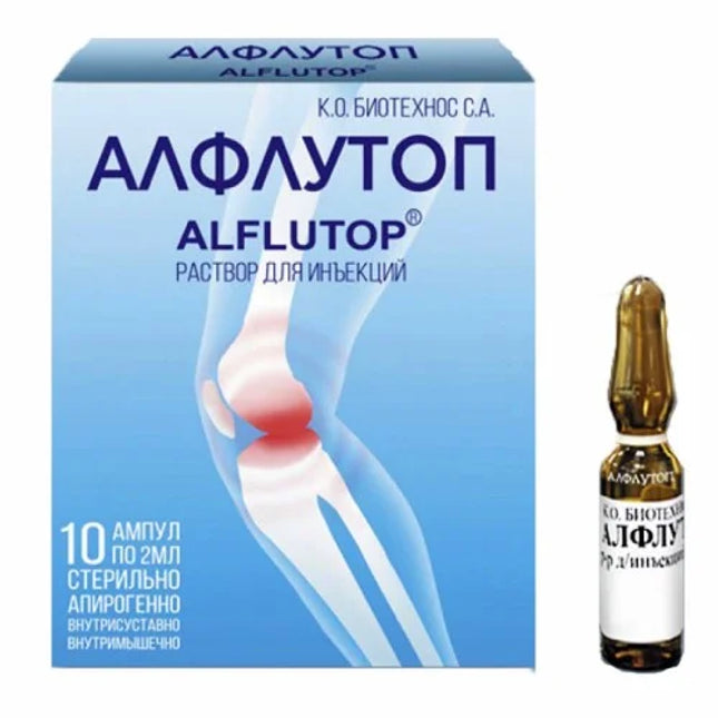 Alflutop injection packaging with ampoule on a white background