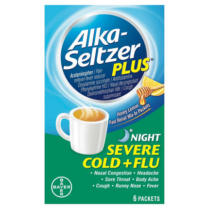 Alka-Seltzer Plus Night Severe Cold + Flu Honey Lemon Mix-In Packets – 6 Packets
