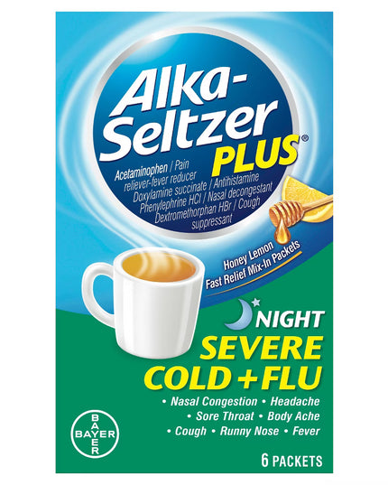 Alka-Seltzer Plus Night Severe Cold + Flu Honey Lemon Mix-In Packets – 6 Packets