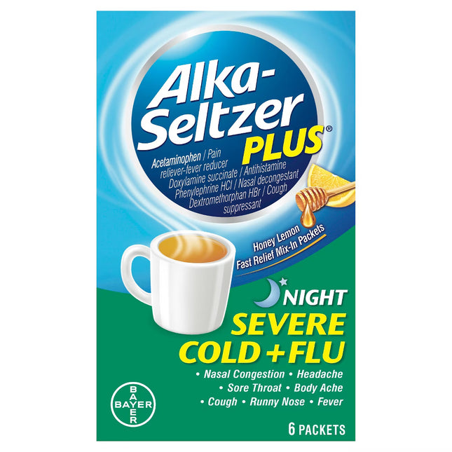 Alka-Seltzer Plus Night Severe Cold + Flu Honey Lemon Mix-In Packets – 6 Packets