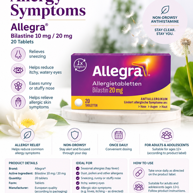Allergy Relief Antihistamine – Allegra Bilastine 10 mg / 20 mg – 20 Tablets