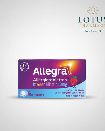 Allegra is an antihistamine medicine containing bilastine, used for the relief of symptoms associated with allergic rhinoconjunctivitis and urticaria (hives), including sneezing, runny nose, itchy or watery eyes, and allergy-related itching.