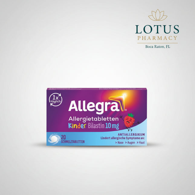 Allegra is an antihistamine medicine containing bilastine, used for the relief of symptoms associated with allergic rhinoconjunctivitis and urticaria (hives), including sneezing, runny nose, itchy or watery eyes, and allergy-related itching.