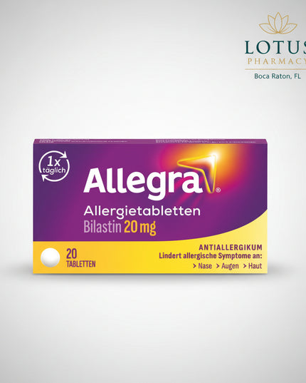 Allegra is an antihistamine medicine containing bilastine, used for the relief of symptoms associated with allergic rhinoconjunctivitis and urticaria (hives), including sneezing, runny nose, itchy or watery eyes, and allergy-related itching.