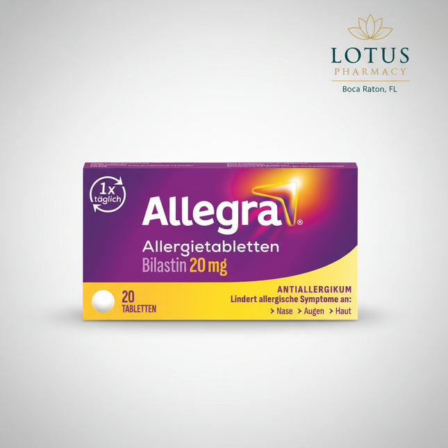 Allegra is an antihistamine medicine containing bilastine, used for the relief of symptoms associated with allergic rhinoconjunctivitis and urticaria (hives), including sneezing, runny nose, itchy or watery eyes, and allergy-related itching.