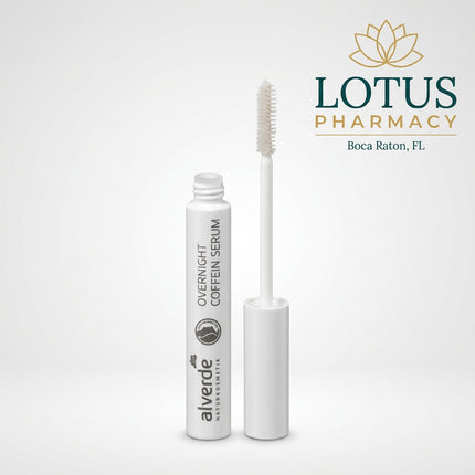Alverde Naturkosmetik Overnight Caffeine Eyelash Serum is a natural cosmetic lash treatment designed to strengthen, condition, and regenerate stressed eyelashes overnight. The formula combines caffeine, castor oil, jojoba oil, coffee extract, eyebright extract, burdock root extract, berry wax, and plant proteins for targeted lash care.