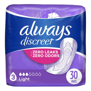 Always Discreet packaging with purple and white design, featuring text about leak and odor protection.