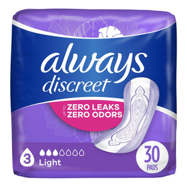 Always Discreet packaging with purple and white design, featuring text about leak and odor protection.