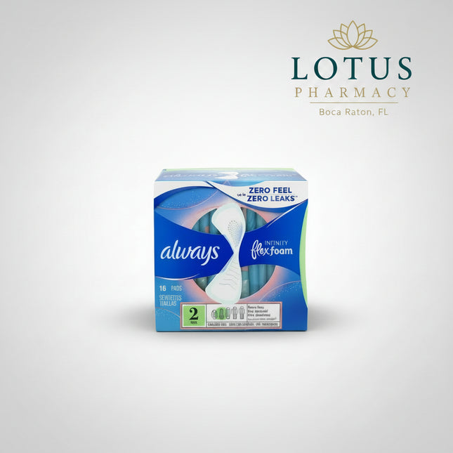 Always Infinity FlexFoam Size 2 Pads are designed to provide comfortable, reliable period protection for moderate to heavy flow days. Made with innovative FlexFoam technology instead of traditional fluff pulp, these pads are thin, flexible, and designed to move with your body while delivering superior absorbency. The breathable top layer helps keep you dry and comfortable throughout the day, while secure wings help keep the pad in place. FlexFoam absorbs up to 10 times its weight and conforms to your body s