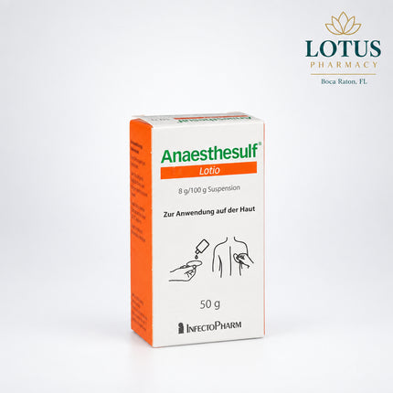 Anaesthesulf Lotio is a German topical suspension with a mild local anesthetic and anti-itch effect. It is used to help relieve itching of the skin, including itching associated with conditions such as chickenpox (varicella) and shingles (herpes zoster). The product is suitable for infants, children, and adults, except premature infants in the first weeks of life.
