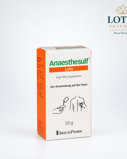 Anaesthesulf Lotio is a German topical suspension with a mild local anesthetic and anti-itch effect. It is used to help relieve itching of the skin, including itching associated with conditions such as chickenpox (varicella) and shingles (herpes zoster). The product is suitable for infants, children, and adults, except premature infants in the first weeks of life.