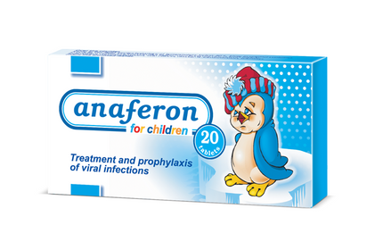 Anaferon for children packaging with a cartoon penguin on a white background
