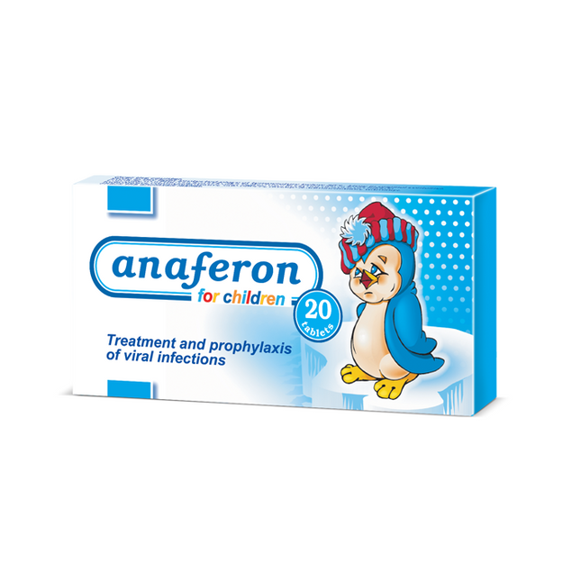 Anaferon for children packaging with a cartoon penguin on a white background