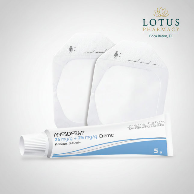 Anesderm® is a&nbsp;topical local anesthetic medicine formulated to provide short-term skin surface anaesthesia (numbing) before minor procedures such as injections, blood draws, laser treatments, or small dermatological interventions. It contains a combination of lidocaine and prilocaine, which are amide-type local anaesthetics that block nerve signal transmission in the skin to reduce pain perception during superficial procedures.