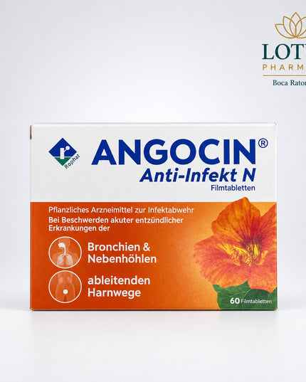Angocin Anti-Infekt N is a&nbsp;herbal antibacterial and antiviral medicine based on standardized extracts of nasturtium (Tropaeolum majus) and horseradish root (Armoracia rusticana). This clinically studied plant-based formula supports the body’s natural defenses against respiratory and urinary tract infections.