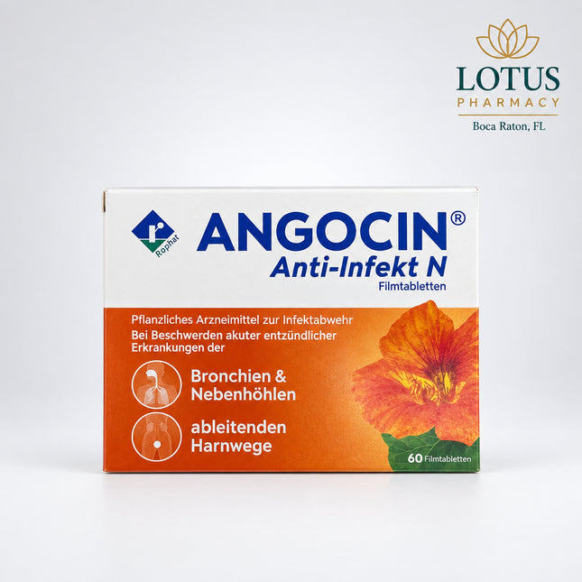 Angocin Anti-Infekt N is a&nbsp;herbal antibacterial and antiviral medicine based on standardized extracts of nasturtium (Tropaeolum majus) and horseradish root (Armoracia rusticana). This clinically studied plant-based formula supports the body’s natural defenses against respiratory and urinary tract infections.