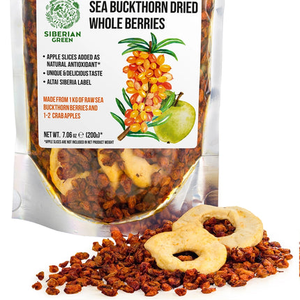 Siberian Green Sea Buckthorn Berries with Apple Slices is a naturally tart-and-sweet superfood blend made with wild-harvested Siberian sea buckthorn berries and dried apple slices. The berries are sourced from the Altai region of Siberia and are naturally rich in plant compounds, including carotenoids, flavonoids, polyphenols, and naturally occurring fatty acids such as omega-3, omega-6, omega-7, and omega-9.

The addition of apple slices gives the blend a milder, naturally sweet flavor and makes it easy to