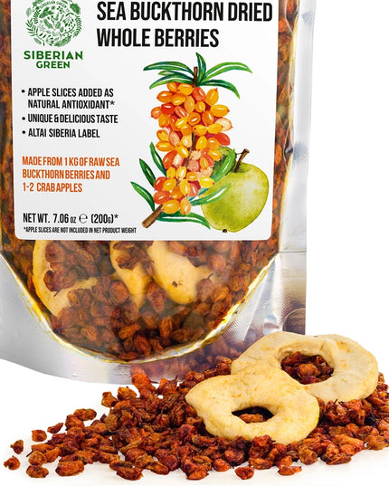 Siberian Green Sea Buckthorn Berries with Apple Slices is a naturally tart-and-sweet superfood blend made with wild-harvested Siberian sea buckthorn berries and dried apple slices. The berries are sourced from the Altai region of Siberia and are naturally rich in plant compounds, including carotenoids, flavonoids, polyphenols, and naturally occurring fatty acids such as omega-3, omega-6, omega-7, and omega-9.

The addition of apple slices gives the blend a milder, naturally sweet flavor and makes it easy to