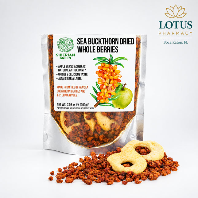 Siberian Green Sea Buckthorn Berries with Apple Slices is a naturally tart-and-sweet superfood blend made with wild-harvested Siberian sea buckthorn berries and dried apple slices. The berries are sourced from the Altai region of Siberia and are naturally rich in plant compounds, including carotenoids, flavonoids, polyphenols, and naturally occurring fatty acids such as omega-3, omega-6, omega-7, and omega-9.

The addition of apple slices gives the blend a milder, naturally sweet flavor and makes it easy to
