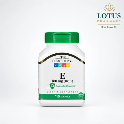 21st Century Vitamin E is a dietary supplement providing 180 mg (400 IU) of vitamin E per softgel as dl-alpha tocopheryl acetate. Vitamin E is an antioxidant nutrient that helps protect cells from oxidative stress and supports normal immune function. This product is supplied in an easy-to-swallow softgel format