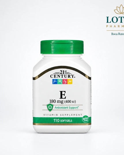 21st Century Vitamin E is a dietary supplement providing 180 mg (400 IU) of vitamin E per softgel as dl-alpha tocopheryl acetate. Vitamin E is an antioxidant nutrient that helps protect cells from oxidative stress and supports normal immune function. This product is supplied in an easy-to-swallow softgel format