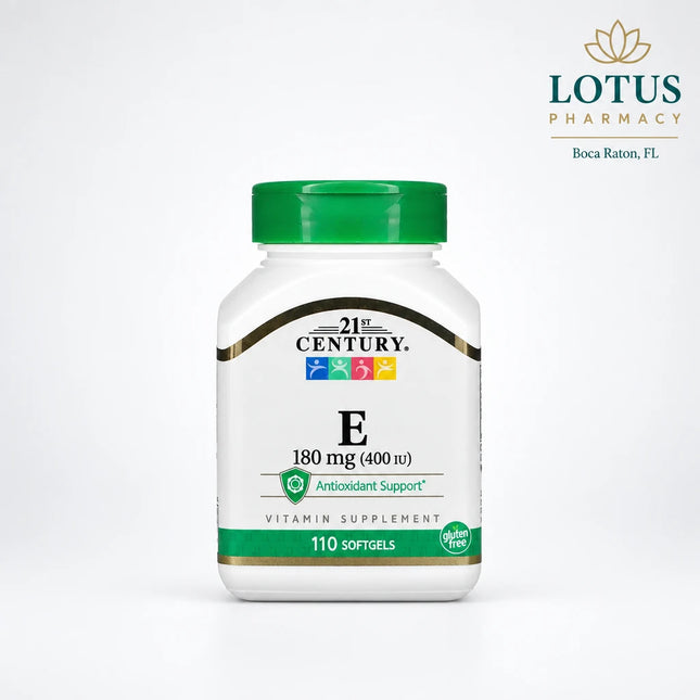 21st Century Vitamin E is a dietary supplement providing 180 mg (400 IU) of vitamin E per softgel as dl-alpha tocopheryl acetate. Vitamin E is an antioxidant nutrient that helps protect cells from oxidative stress and supports normal immune function. This product is supplied in an easy-to-swallow softgel format