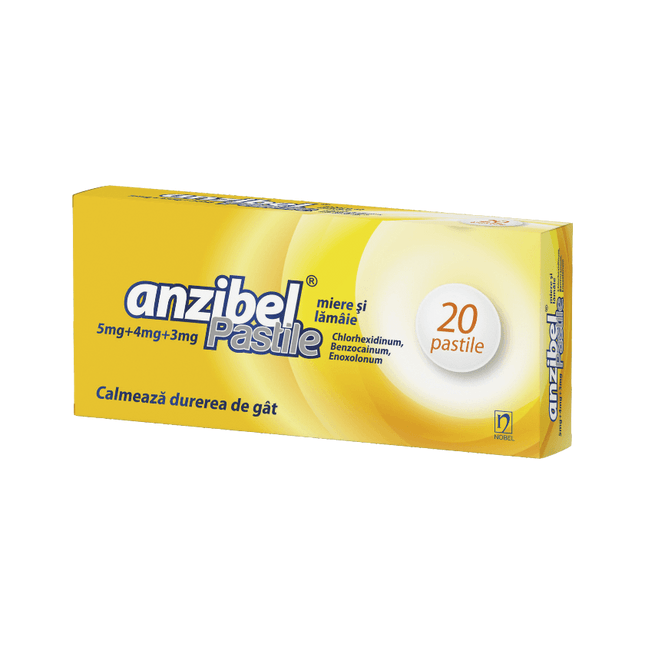Yellow box of Anzibel pastilles on a black background